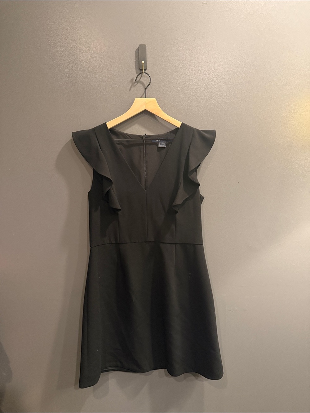 French Connection Black Ruffle-Sleeve V-Neck Mini Dress